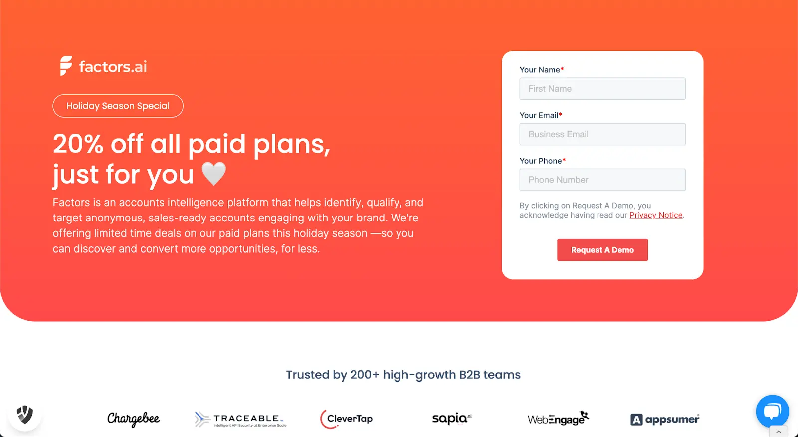 Promo banner with 20% off offer and a sign-up form on factors.ai website.