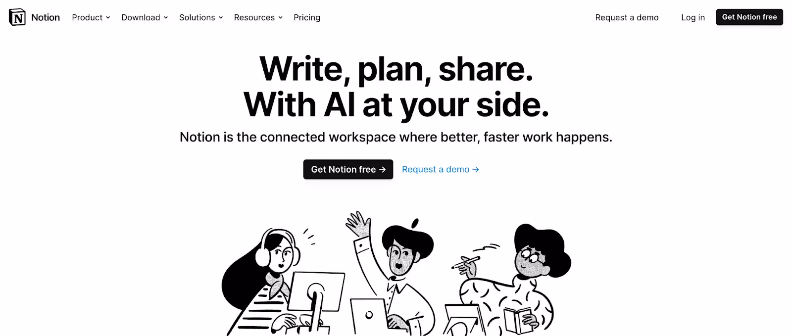Homepage banner for Notion featuring a headline about AI assistance and illustrations of users
