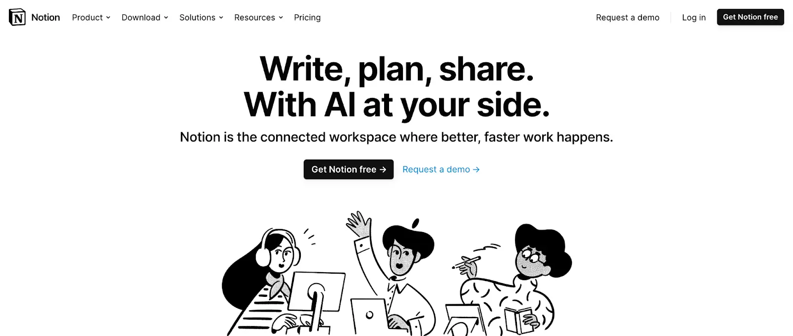 Homepage banner for Notion featuring a headline about AI assistance and illustrations of users