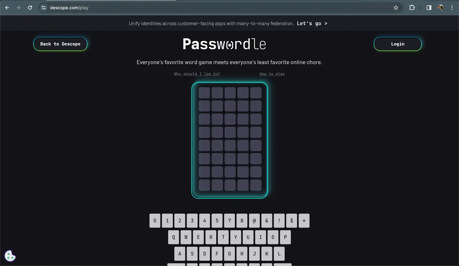 Webpage showing 'Passwordle' game interface with keyboard input