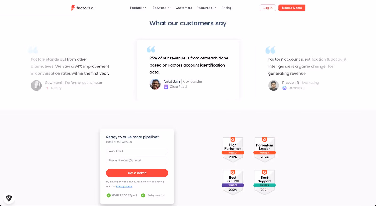 Customer testimonials and awards on Factors.ai website.