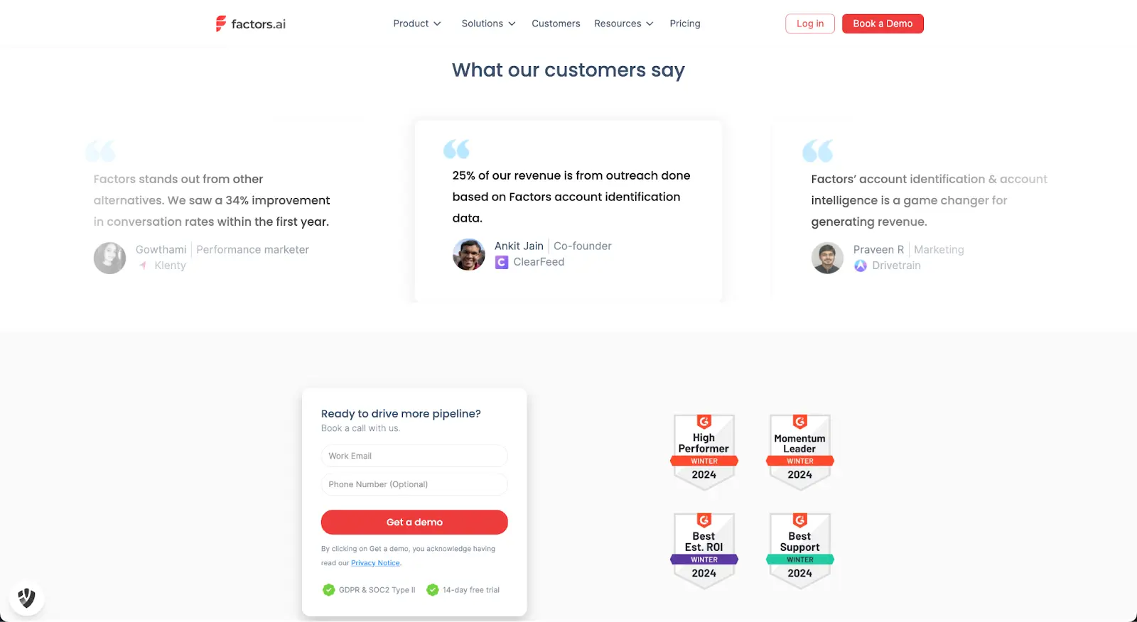 Customer testimonials and awards on Factors.ai website.