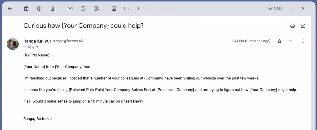 Email template from Factors.ai reaching out for a sales call.