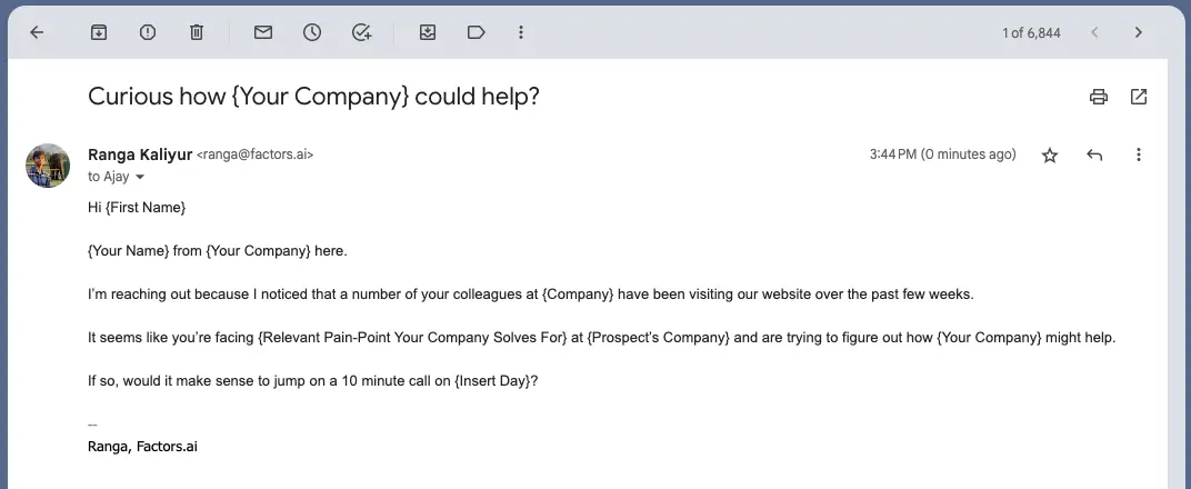 Email template from Factors.ai reaching out for a sales call.