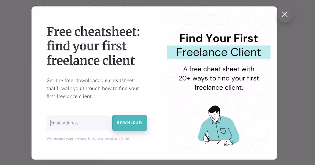Popup offering a cheatsheet for finding freelance clients.