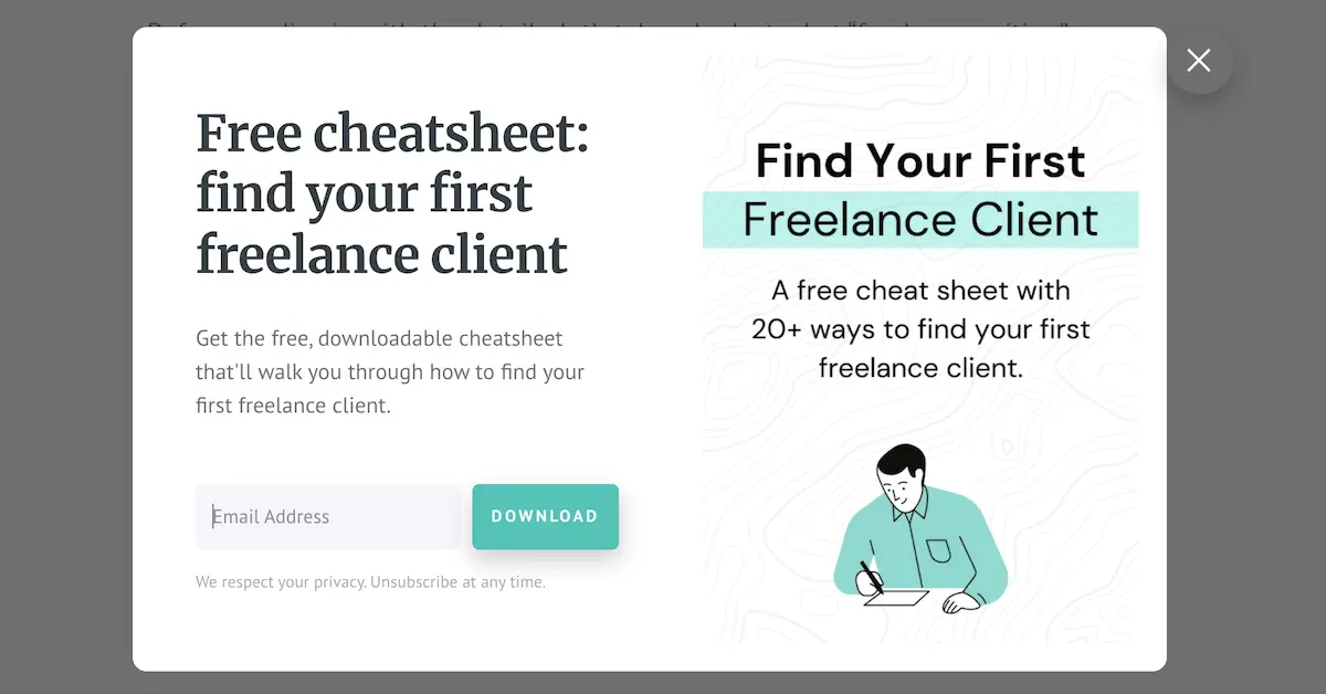 Popup offering a cheatsheet for finding freelance clients.
