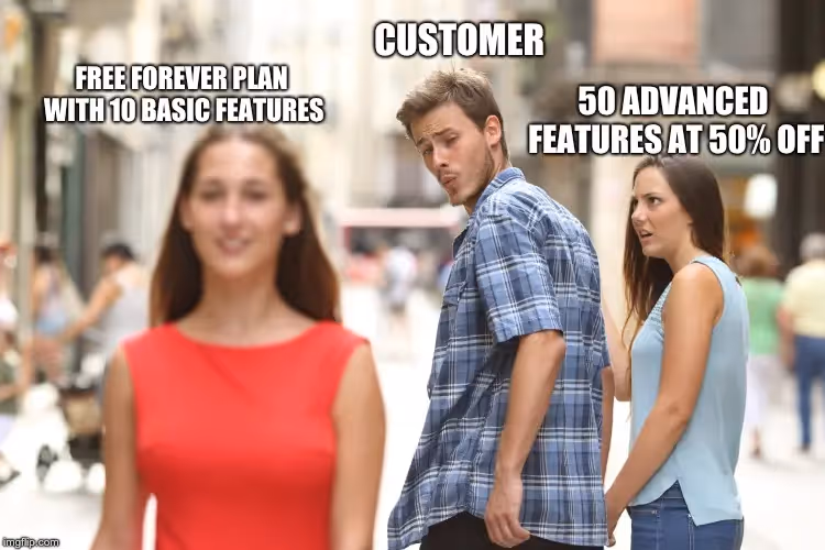 Distracted man meme highlighting customer preference for a discounted advanced plan.