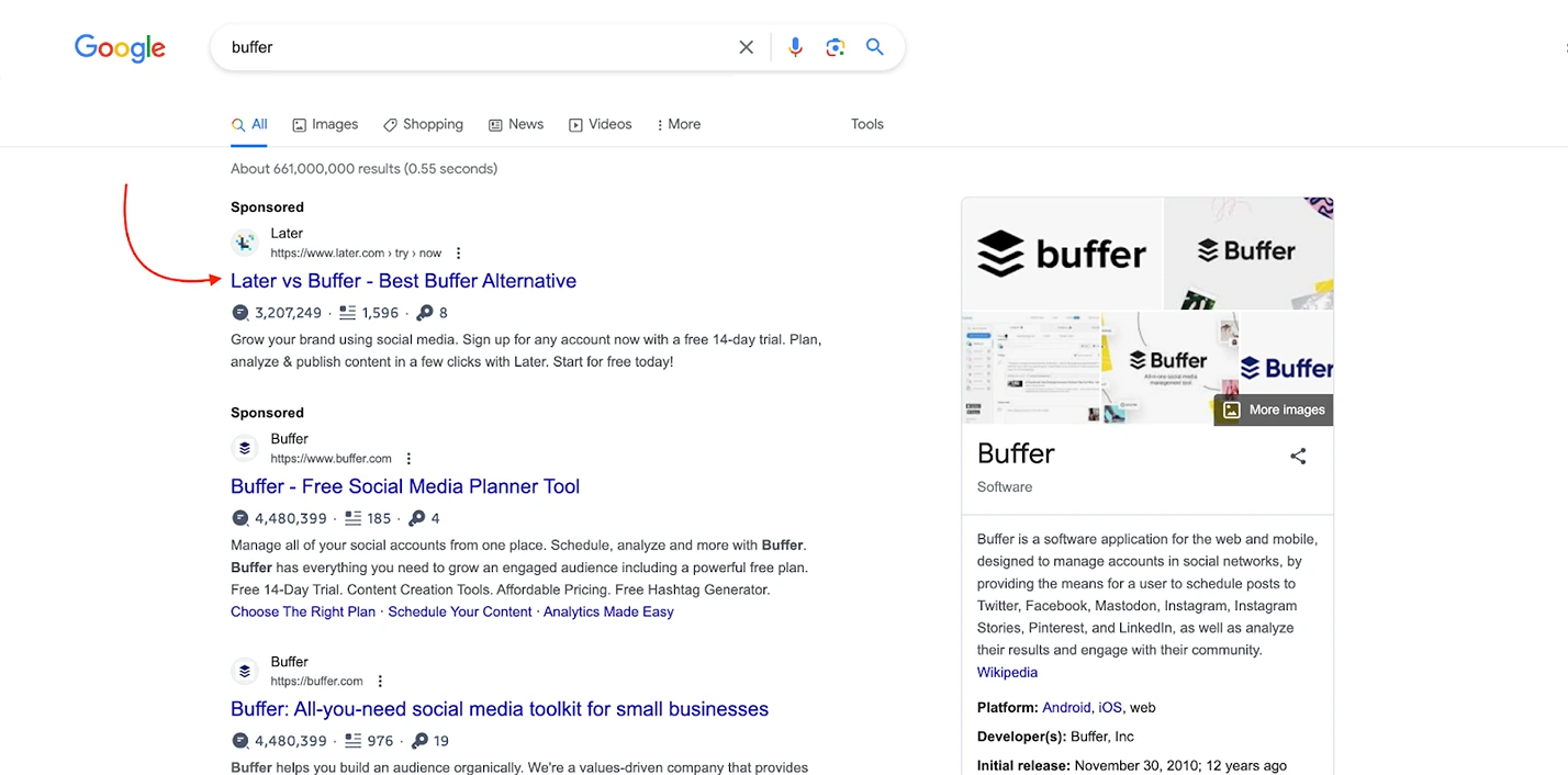SERP result page for keyword buffer