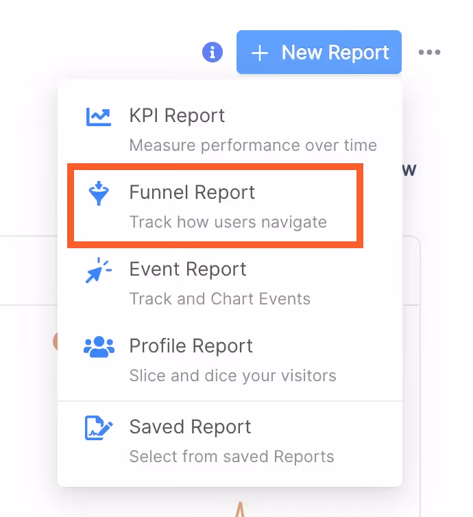 Dropdown menu for selecting types of reports including a Funnel Report.