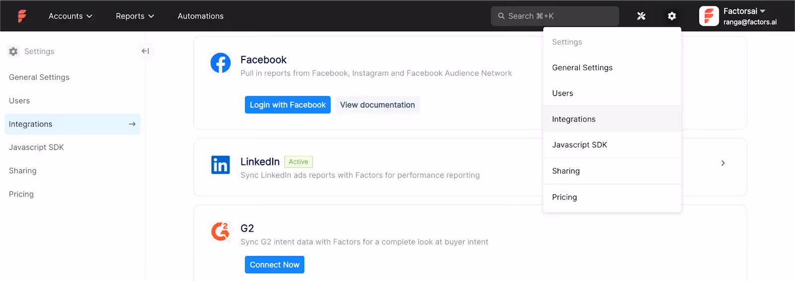 Screenshot of factors.ai integrations settings with options for Facebook, LinkedIn, and G2.