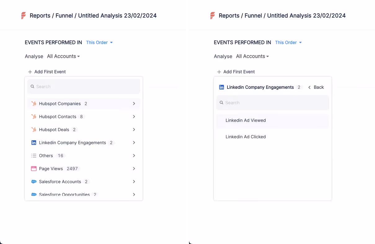 Two screenshots of a funnel analysis tool showing event options for LinkedIn and HubSpot.