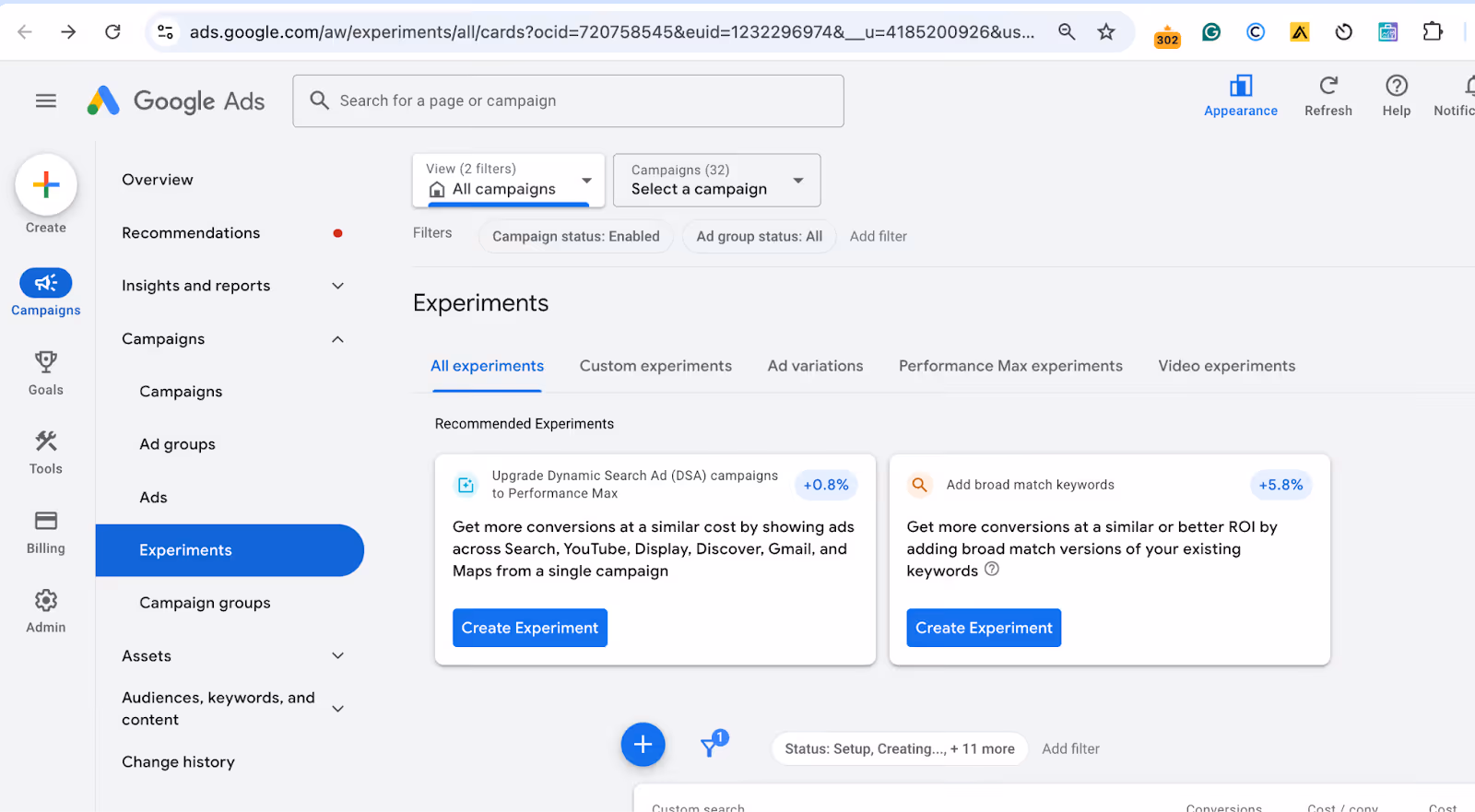 Google Ads Experiments Window