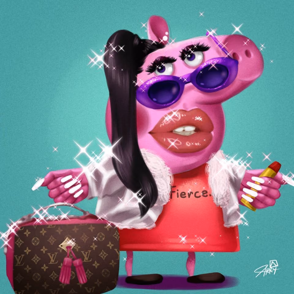 Boojee Peppa Pig image used as a meme. Peppa Pig here is dressed like a brat from the 90s and is donning a luxury handbag, freshly done nails, and lashes. This is used to depict how teams feel after they successfully wrap up a brand persona meeting.