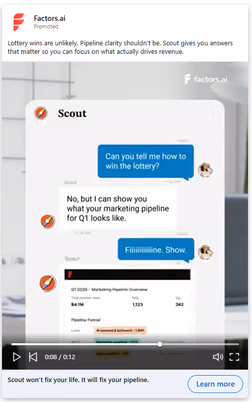 Screenshot of LinkedIn Video Ad being run by Factors.ai.