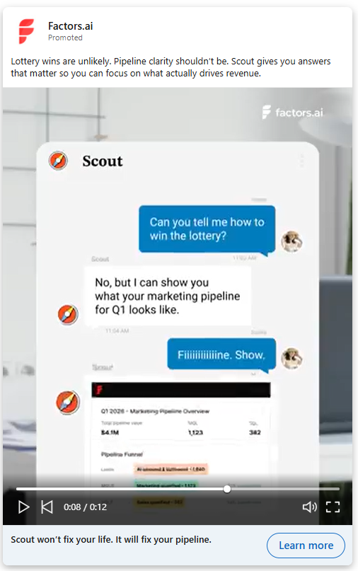 Screenshot of LinkedIn Video Ad being run by Factors.ai.