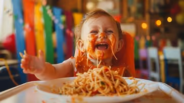 Toddler messily eating spaghetti arrabiata from a plate.