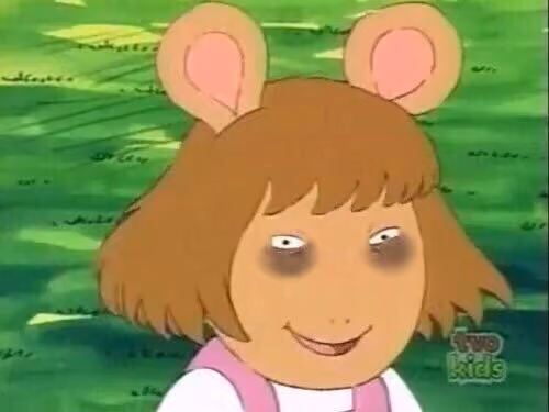 Animated cartoon character with short brown hair and mouse-like ears, smiling with dark circles under both eyes, standing outdoors against a green grassy background. The image is used here to depict a tired, sleep-deprived, or exhausted expression of a marketer
