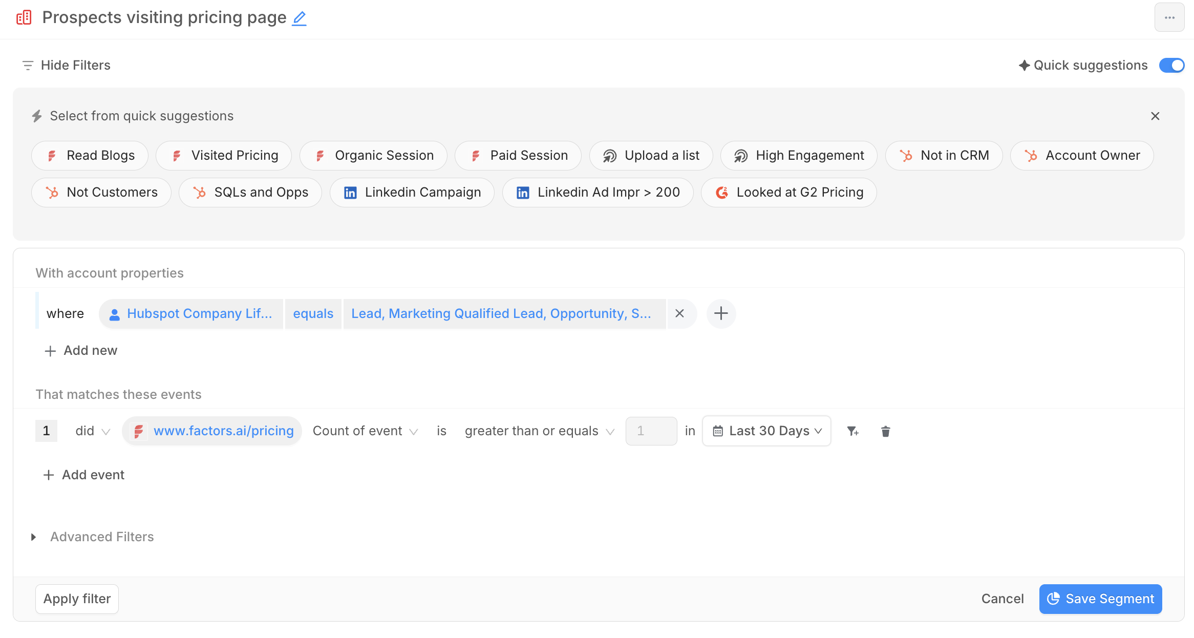 Filtering prospects by CRM lifecycle stage and pricing-page visits in Factors.