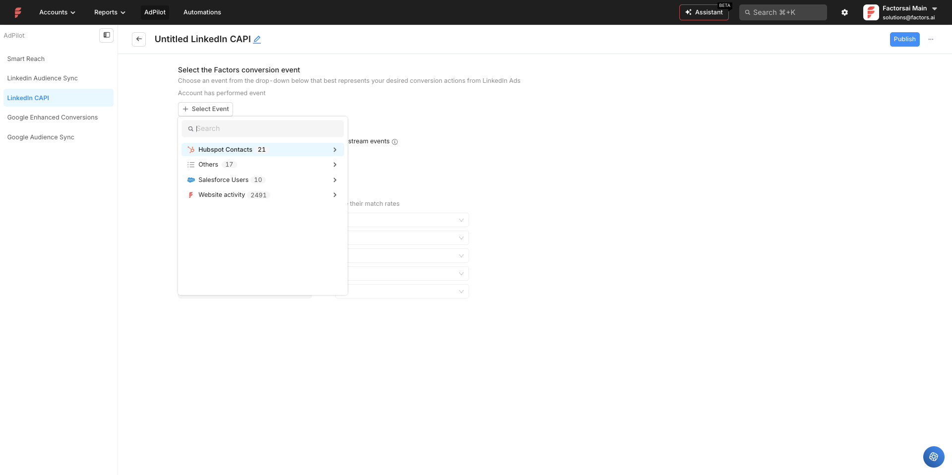 Selecting the activity to send to LinkedIn through Factors CAPI.