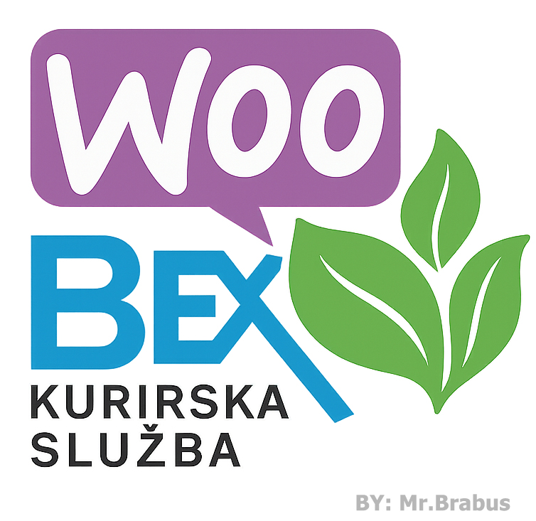 Logo with purple speech bubble reading 'Woo', stylized blue text 'BEX' with three green leaves, and black text 'KURIRSKA SLUŽBA'.