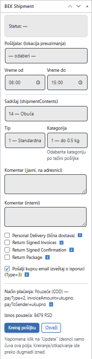 BEX WooCommerce – ekran u porudžbini