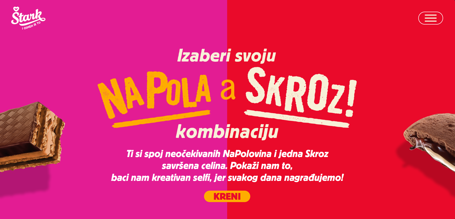 Colorful promotional graphic split pink and red with images of chocolate wafer on left and chocolate-covered treat with cream filling on right, featuring bold text in Serbian encouraging selection of a combination and creative selfie contest.