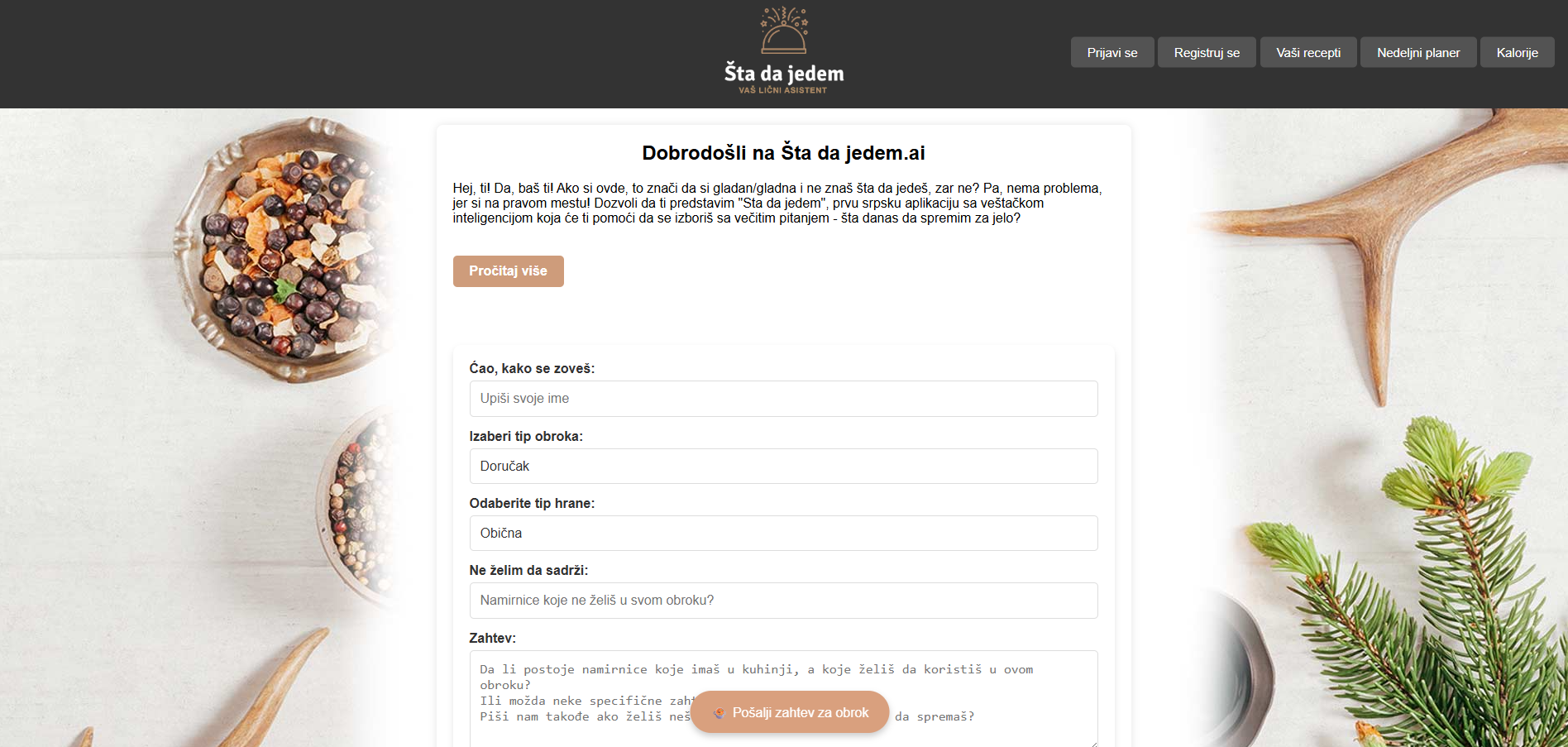 Website homepage with Serbian text welcoming users to a meal planning AI assistant, featuring a form to input name, meal type, food type, exclusions, and special requests, with decorative bowls of spices and pine branches on the sides.
