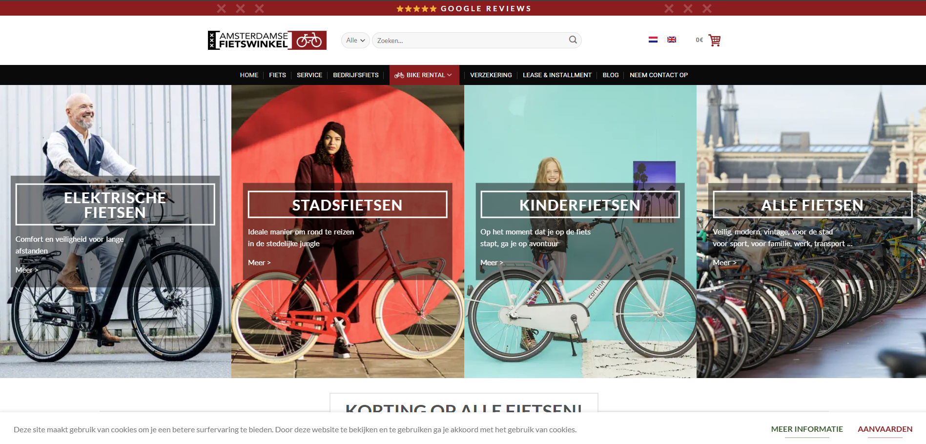 Website banner with four sections showing different types of bicycles: electric bike with smiling man, city bike with woman in front of red circle, children's bike with girl against turquoise wall, and many bikes parked in rows representing all bikes.