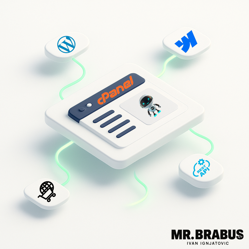 3D illustration of a cPanel interface connected to WordPress, WooCommerce, REST API, and another service icons on a white background with Mr. Brabus branding.
