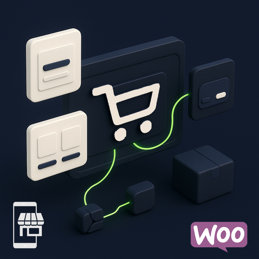 3D illustration of eCommerce elements including a shopping cart icon, product cards, connected cubes, and WooCommerce logo on dark background.