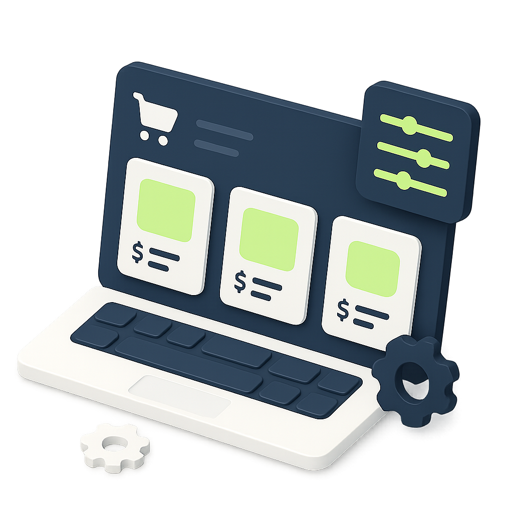 3D illustration of a laptop displaying an e-commerce interface with product cards, price tags, and settings icons.