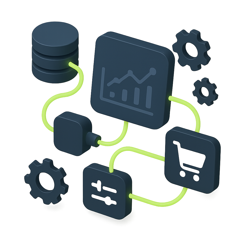 3D illustration of interconnected dark blue icons representing data storage, analytics, settings, and shopping connected by glowing yellow-green lines.