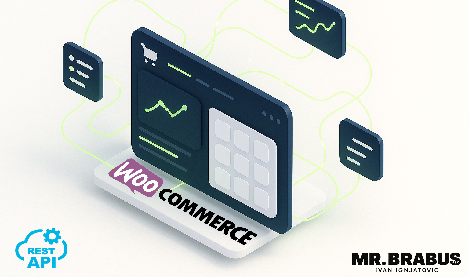 3D illustration of an eCommerce dashboard with charts and icons featuring WooCommerce and REST API logos.