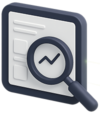 3D icon of a document with a magnifying glass highlighting a rising line graph.