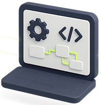 3D illustration of a laptop displaying software development icons including a gear, code brackets, and a flowchart.