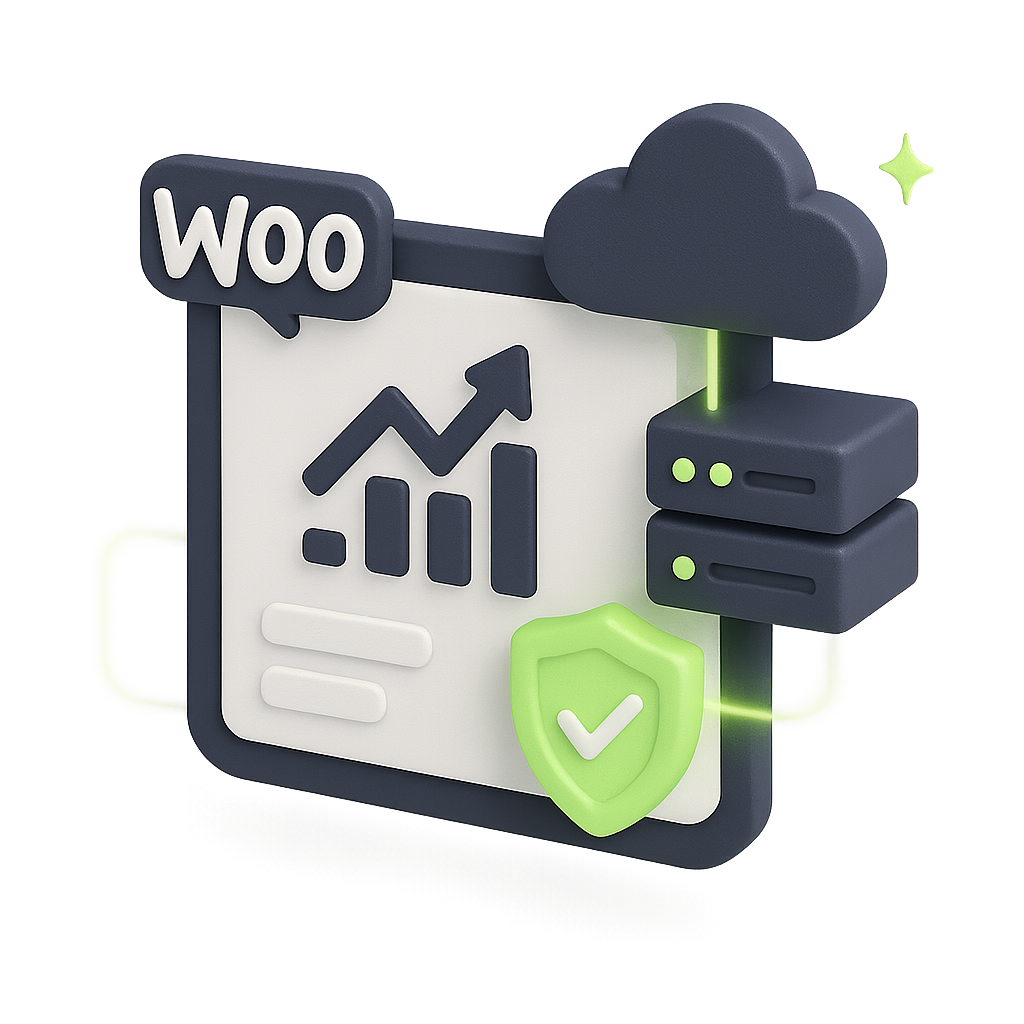 3D illustration of a WooCommerce dashboard with upward graph, cloud storage, servers, and a green shield with a checkmark signifying security.