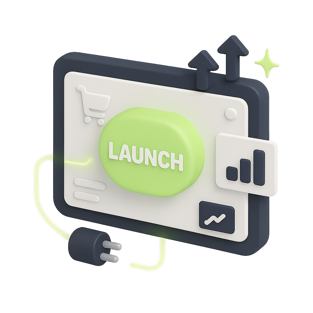 3D illustration of an e-commerce interface with a glowing green launch button, growth arrows, a shopping cart icon, and a power plug icon.