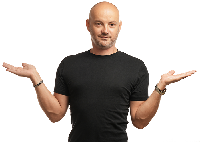 Bald man in a black t-shirt with arms extended and palms facing up, displaying a questioning or shrugging gesture.