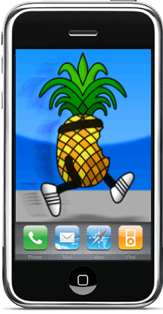 Early iPhone model displaying a walking pineapple with limbs on the screen, above icons for Phone, Mail, Web, and iPod apps.