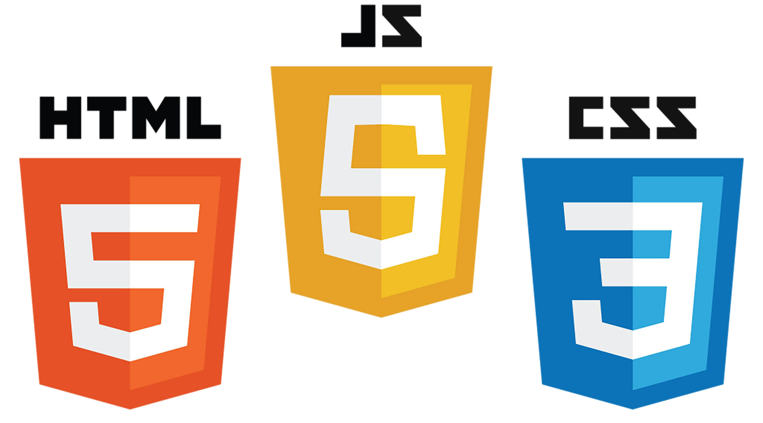 Logos of HTML5, JavaScript, and CSS3 web technologies with their respective labels above each shield.