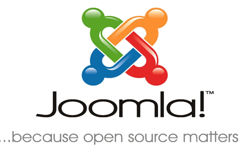 Joomla! logo with interlocking colored shapes in green, orange, blue, and red and the tagline '...because open source matters'.