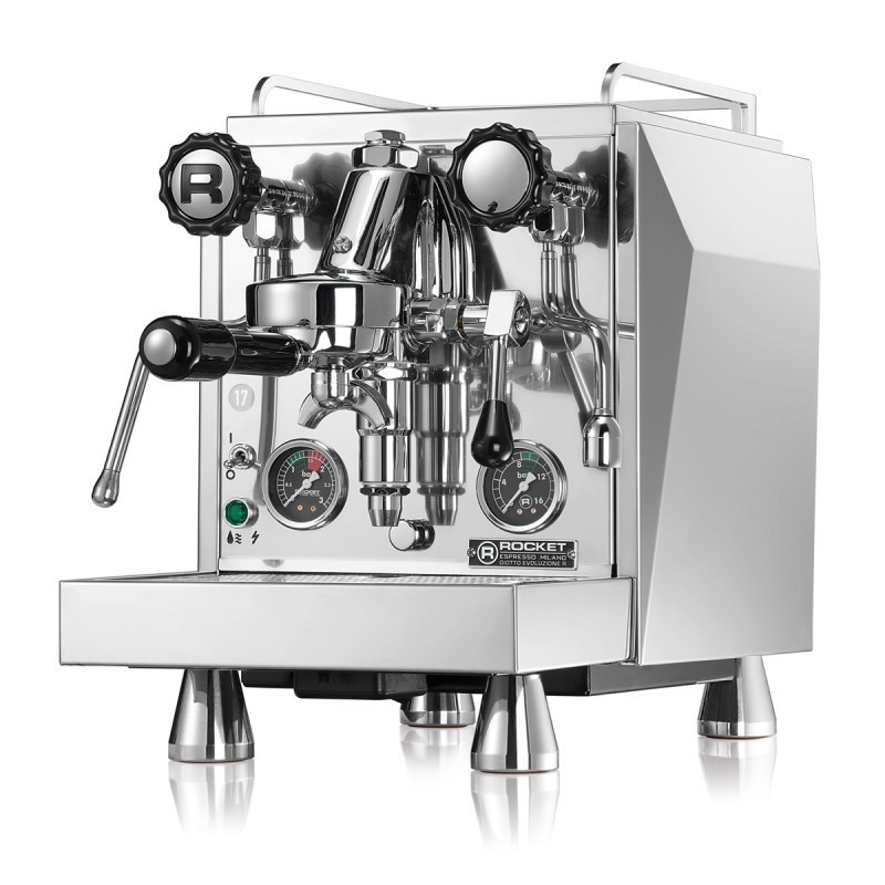 Shiny stainless steel Rocket Giotto Evoluzione R espresso machine with pressure gauges and black knobs.