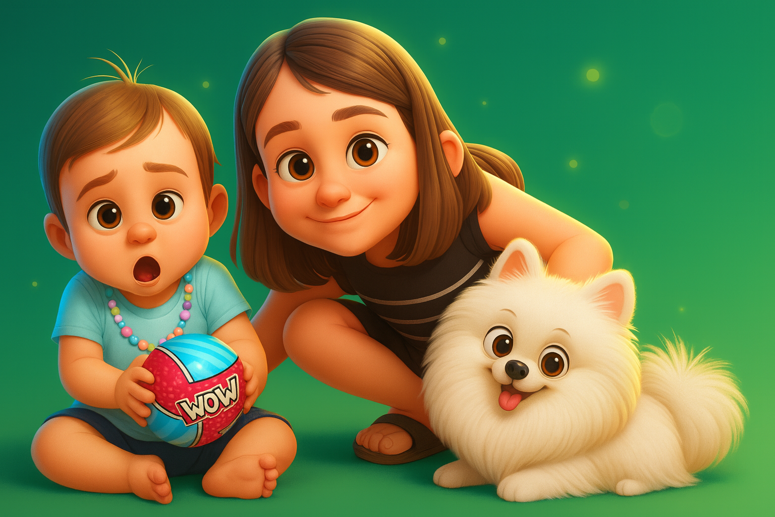 Animated toddler holding a colorful ball with the word 'WOW', smiling older child crouching beside a happy fluffy white dog.