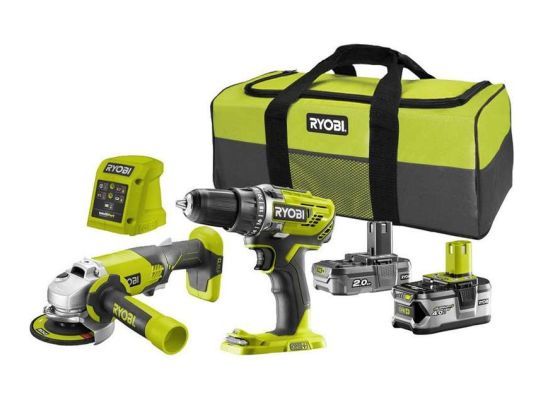 Ryobi cordless power tool set with drill, angle grinder, two batteries, charger, and green and gray carrying bag.