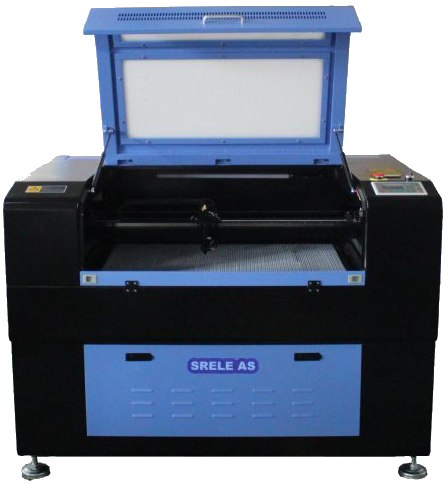 Blue and black SRLE AS laser cutting and engraving machine with an open lid.