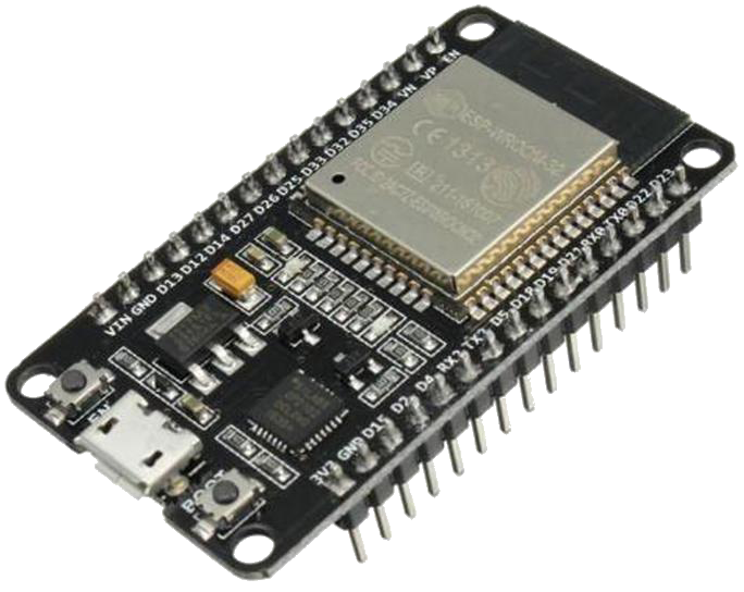 ESP32 development board with microcontroller, metallic WiFi module, micro USB port, and multiple pins on black PCB.