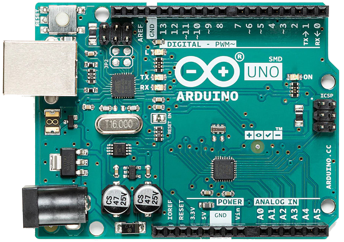 Top view of an Arduino Uno microcontroller board showing USB port, reset button, pin headers, capacitors, and microcontroller chip.