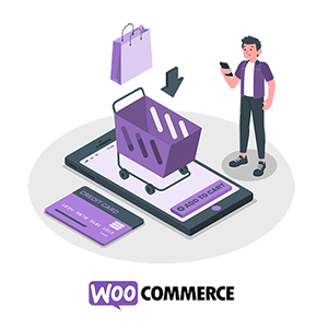 Illustration of a man using a smartphone with a purple shopping cart emerging from a large smartphone screen displaying an Add to Cart button and a credit card nearby, with WooCommerce logo below.