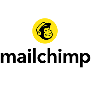 Mailchimp logo featuring a smiling chimpanzee wearing a mail carrier hat inside a yellow speech bubble above the word 'Mailchimp'.