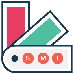 Icon of three fabric swatches labeled S, M, and L indicating size variations.